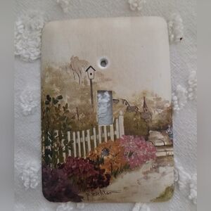 Vintage Metal Switch Plate Hand Painted Signed USA Country Farmhouse Cottage